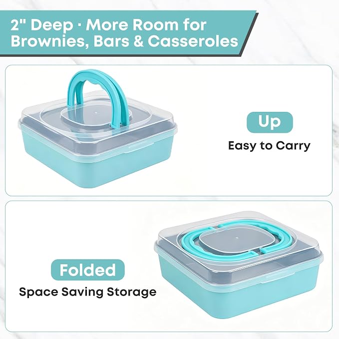 9 Inch Square Cake Pan with Snap-Lock Lid, Nonstick Carbon Steel Brownie Pan with Foldable Handle, PTFE & PFOA Free, for Brownies Bars Casseroles