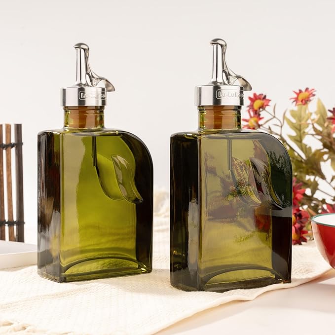 Olive Green 12oz Glass Olive Oil Bottle Dispenser - 350ml Oil and Vinegar with Pourers and Funnel - Oil Dispenser Bottle for Kitchen