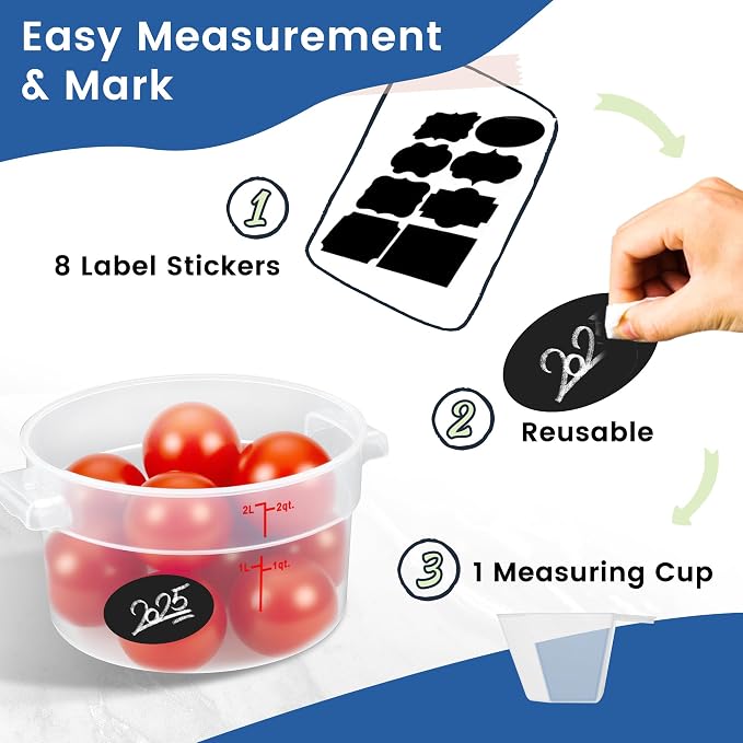 4 Pack 2QT Round Food Storage Containers with Lids | NSF, BPA-free PP containers with scale, label and measuring cup, stackable for prep, storage, freezer. Dishwasher safe