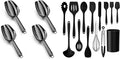 LIANYU Mini Black Ice Scoop Set of 4 and 14 Pcs Cooking Utensils Set with Holder, 3 Ounce Stainless Steel Scoop and Heat Resistant Silicone Kitchen Cookware Utensils Set
