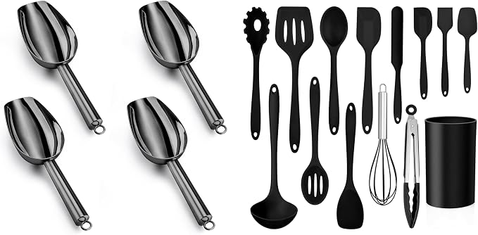 LIANYU Mini Black Ice Scoop Set of 4 and 14 Pcs Cooking Utensils Set with Holder, 3 Ounce Stainless Steel Scoop and Heat Resistant Silicone Kitchen Cookware Utensils Set