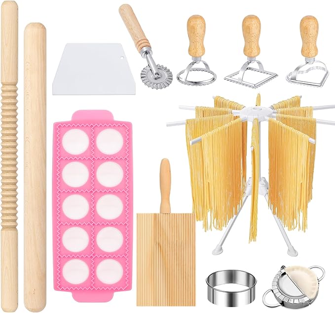 12PCS Pasta Maker Tool Set, Ravioli Mold Set, Ravioli Maker with Roller Wheel, Ravioli Cutter Set with Wooden Handle, Pasta Making Kit for Ravioli Press Mold Pasta Making Kit Accessories for Home (12)