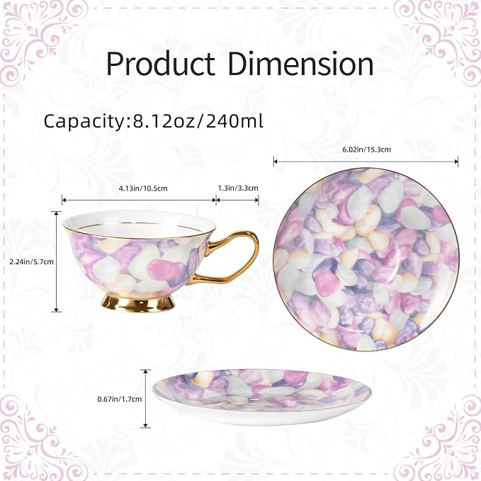 KAMMAK Tea Cups and Saucers Set of 2, Porcelain Coffee Cups, Stackable Espresso Mugs, Ceramic Demitasse for Coffee, Cappuccino, Latte, Americano, Tea, Pebble