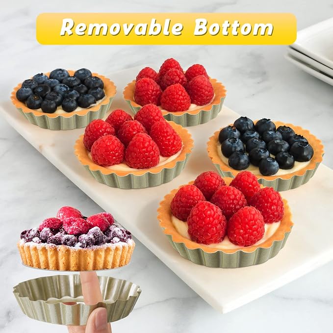 Tessco for you 16 Pcs Mini Tart Pans for Baking, 4 Inch Quiche Pans with Removable Bottom, Nonstick Egg Tartlets Molds Fluted Side Bakeware for Pie Fruit Tart Cheesecake Dessert (Gold Round)