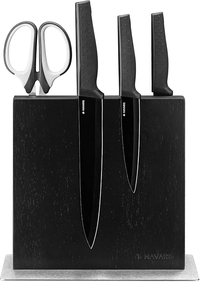 Navaris Magnetic Knife Block - Kitchen Storage with Strong Magnets for Knives & Utensils - Simple, Modern Utensil Holder in Black Rubberwood - 8.9" x 8.7"