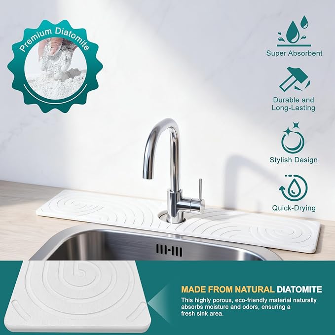 Hopegiver Stone Faucet Mat for Kitchen Sink - Fast Drying Diatomite Sink Protector Prevent Moisture, Super Water Absorbing Stone Tray for Kitchen & Bathroom Counter (White Line, 23.6"x5.1")