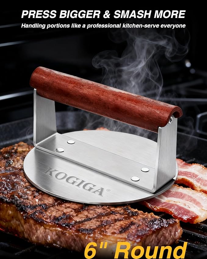Smash Burger 1.56LB - 6 Inch Stainless Steel Burger Smasher Tool, Easy to Handle Griddle Press & Steak Weight with Beechwood Handle for Perfect Smashburgers, Bacon & Sandwich Press