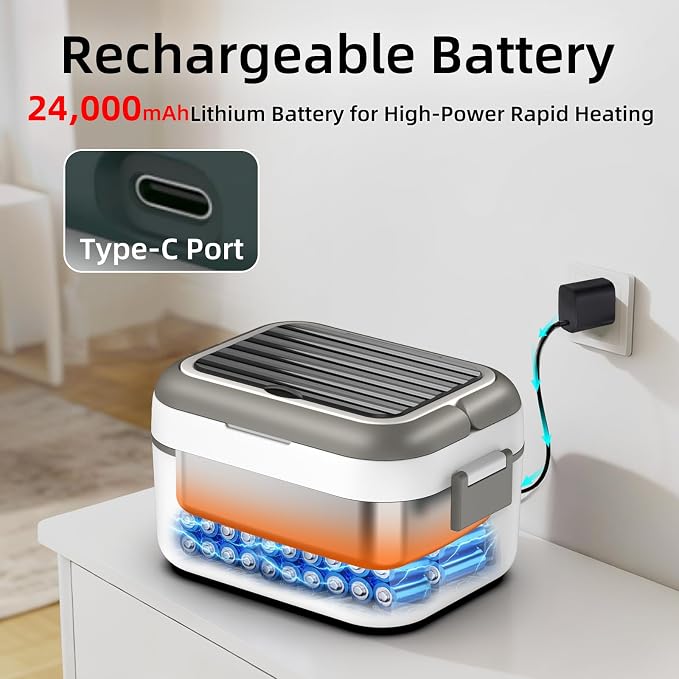 Cordless Electric Heated Lunch Box for Adults, XL 6.3-Cups Rechargeable Battery Powered Smart Self Heating Lunchbox for Men Women, 100W Food Warmer for Trucks Driver Travel Office Worker