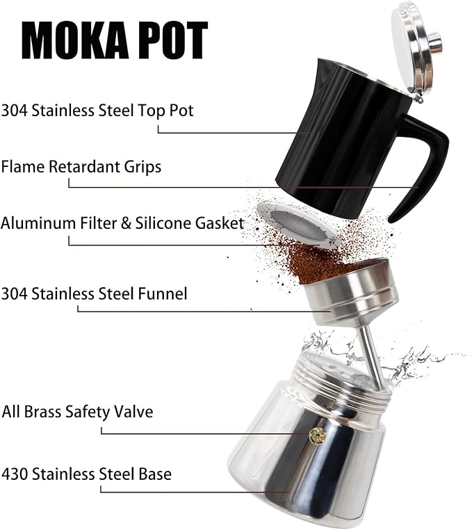 6 Cup Thickened 304 Stainless Steel Moka Pot Stovetop Espresso Maker Cafeteras Italian Percolator Espress Makers Capable Greca Mocha Coffee Machine for Induction Home and Camping 300ml 10oz