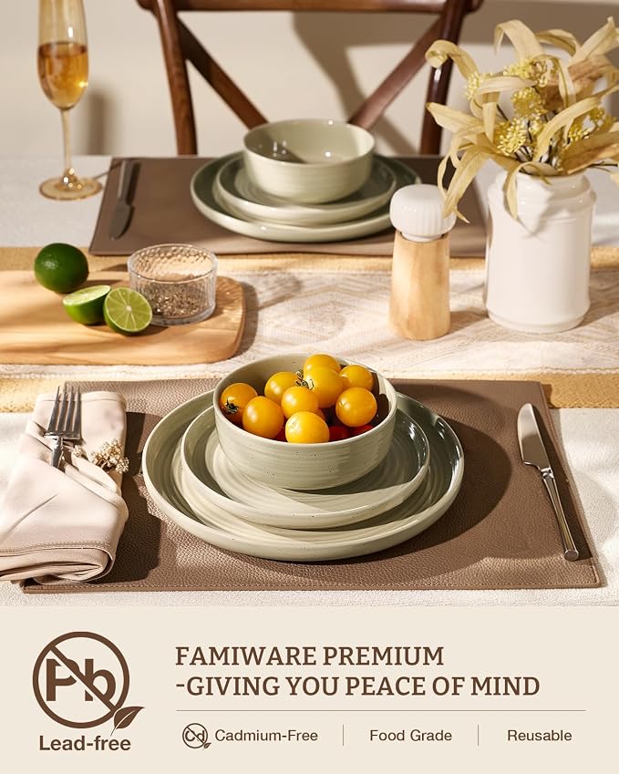 24-Piece Stoneware Dinnerware Sets for 6 with Pasta Bowls – Speckled Glaze with Spiral Design, Coupe Plates and Bowls - Chip & Scratch Resistant, Microwave & Dishwasher Safe, Honey