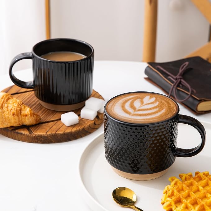 GBhome 12OZ Stackable Coffee Mugs with Stand, Ceramic Coffee Mugs with Texture Patterns for Man,Woman,Dad,Mom, Modern Coffee Cups Set of 4 for Latte/Cappuccino/Cocoa. Dishwasher&Microwave Safe,Black