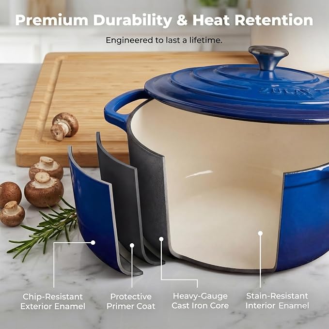 Zulay Kitchen 5 Quart Enameled Cast Iron Dutch Oven Pot with Lid – Premium Durability & Oven Safe up to 500°F – Heavy Duty Cookware Perfect for Bread Baking, Stews, Braising & Roasting – Blue