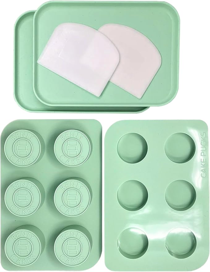 Benty Cakes – The Original Cake Puck Bonus Bundle Set – Better than a Cake Pop! Make Chocolate Covered Desserts – BPA Free Silicone – Includes 1 Mold Set, 2 Trays and 2 Scrapers – Green