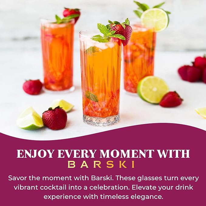 Barski Highball Glass - Drinking Glasses - Set of 4 - Hiball Tumblers - Glass Crystal Tumbler - for Water, Juice, Beer, Mixed Cocktails, Mojito Glass, Tom Collins Bar Glassware, 13 oz, Made in Europe