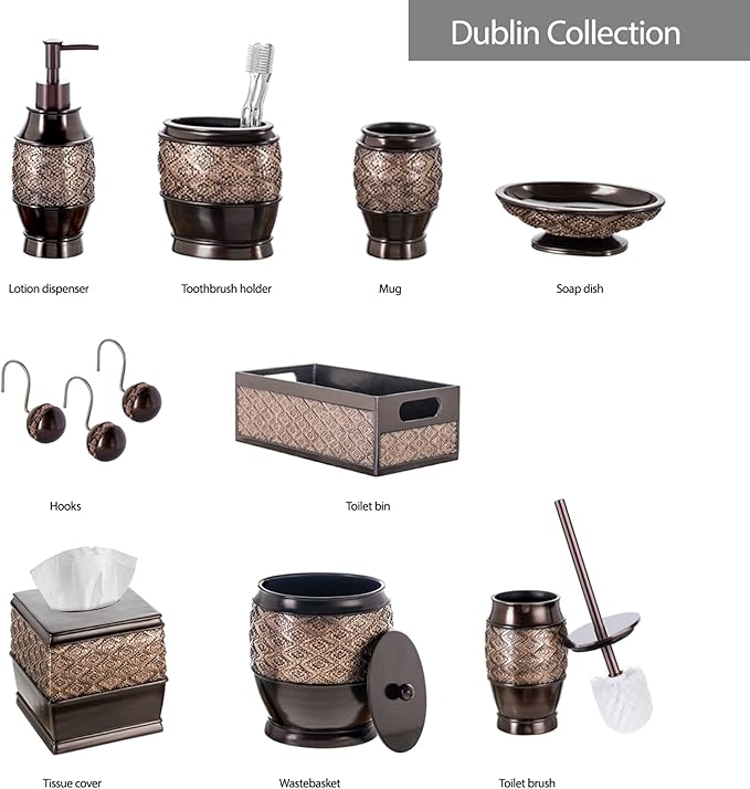Creative Scents Dublin Brown Bathroom Accessories Set 6-Piece Resin Bathroom Decor Set Includes Toilet Bowl Brush and Holder, Tissue Box Cover, Soap Dispenser, Soap Dish, Cup, & Toothbrush Holder