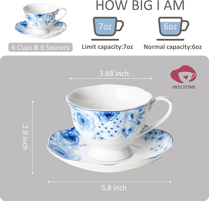 Porcelain Tea Cup and Saucer Set of 6 (12-Piece) - 6oz Cups with Classic Blue Floral Pattern for Tea Party, Dishwasher & Microwave Safe