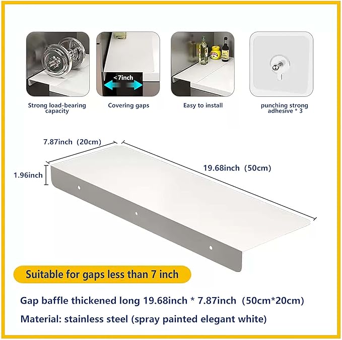 Metal Kitchen Refrigerator Gap Partition Countertop Gap Extension Board,Gap Covers Between Countertop and Walls, Refrigerator Side Partition, No Drill(White,19.68 * 7.87inch)