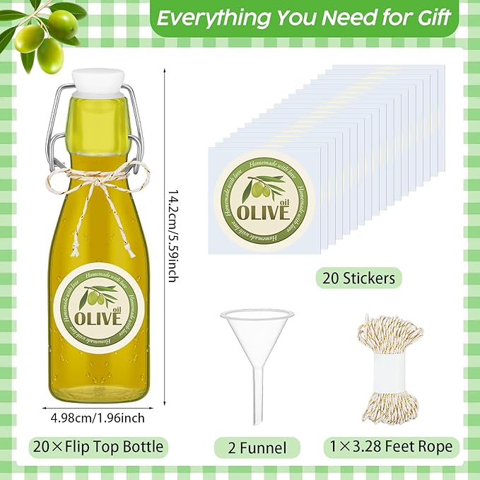 Queekay 20 Pack Mini Swing Top Glass Bottles for Vanilla Extract Homemade Olive Oil Bottles with Lids Airtight Cap Lids Labels for Wedding Baby Shower Favors(5.07 oz,Clear)