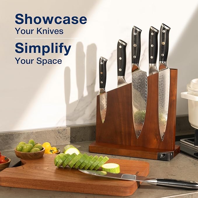 Gourmetop Magnetic Knife Holder with Built-in Sharpener, 100% Acacia Wood Magnetic Knife Block without Knives, Strong Double-Sided Magnetic Knife Holder for Kitchen Countertop Organization, Dark Wood