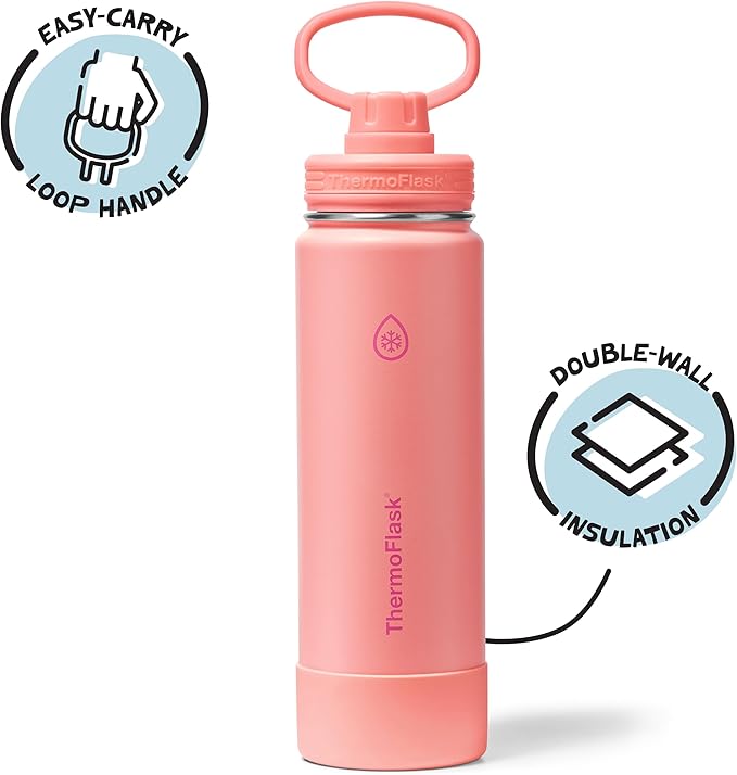 ThermoFlask Insulated Water Bottle with Spout Lid (24 oz, Sunkissed Coral) - Leakproof, Stainless Steel Water Bottle for Cold & Hot Drinks, Travel & Daily Hydration