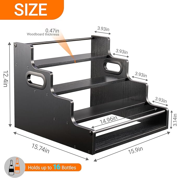 YQBRAO 2 Pack 4-Tier Liquor Bottle Display Shelf, 16-Inch Wooden Bar Shelves for Liquor Bottles, Countertop Whiskey Shelf and Bourbon Shelf Organizer for Home Bar, Kitchen（Black）