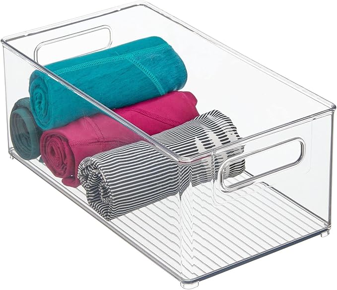 mDesign Deep Plastic Storage Organizer Container Bin, Closet Organization for Hallway, Bedroom, Linen, Coat, and Entryway - Holds Clothing, Blankets, Accessories, Toys, Ligne Collection, 4 Pack, Clear