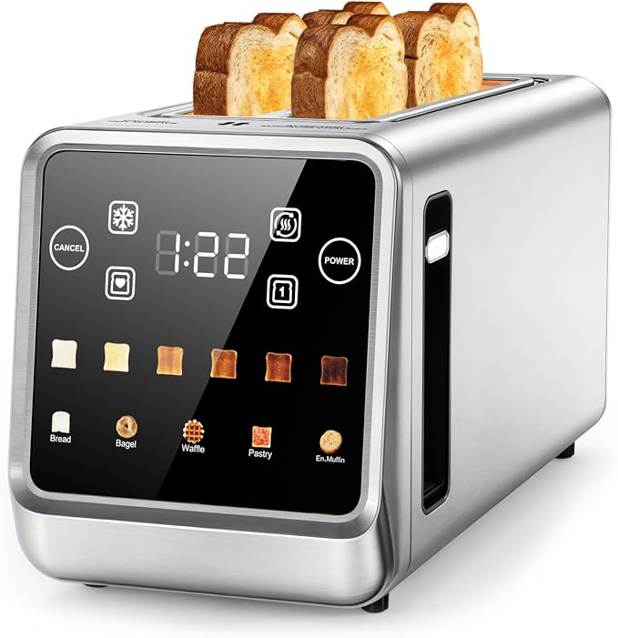 Toaster 4 Slice Long Slot for Bagels & Artisan Bread, Digital Smart Touch Screen with Memory Function & Single-Slice Modes, 6 Toast Settings & 5 Bread Types, Defrost & Reheat, Stainless Steel