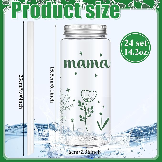 Skylety 24 Pcs Mama Plastic Cups Gifts Bulk Mama Sage Green 14 oz Tumbler with Straw Lid Reusable for Mom Christian Party Favors for Women Teacher Graduation Party