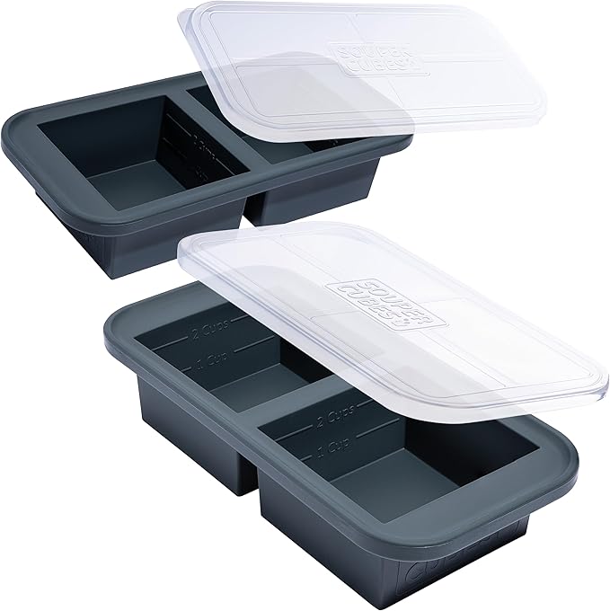 Souper Cubes 2 Cup Silicone Freezer Molds with Lids – Soup Cubes for Freezing Lasagna, Leftovers, Soups, Sauces, Casseroles, Meal Prep Meals and More – Charcoal 2-Pack