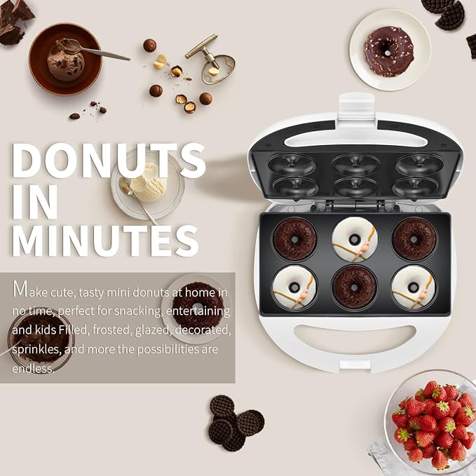 DSP Mini Donut Maker - Non-Stick, 6 Donuts, Cool-Touch | Quick 3-Min Baking, Indicator Lights, Easy Wipe-Clean, Breakfast/Snacks/Desserts, Electric Doughnut Machine, White