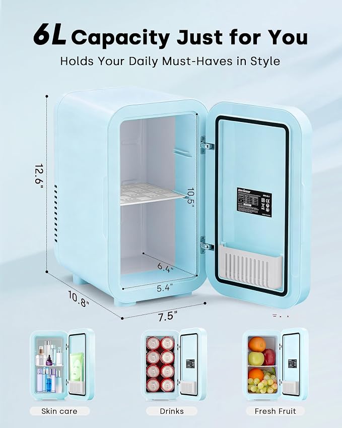Enventor Mini Skincare Fridge Small Refrigerator for Bedroom, Beauty Fridge for Makeup with Dimmable LED Mirror, 6 L / 8 Cans Compact Portable Cooler for College Dorm, Office, Car, Blue
