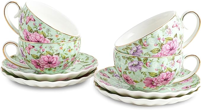 Agyiuns Tea Cup and Saucers, 6.4oz Floral Tea Cups with Gold Trim, Porcelain Teacup, Coffee Cappuccino Espresso Latte Mugs for Party Birthday,Party Cafe Home, Christmas Gift (Green)