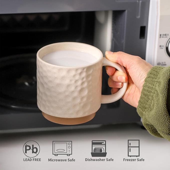 Nihow 16 OZ Ceramic Coffee Mug with Stackable Stand,Set of 4,White | Stackable, Stainless Stand Included, Cappuccino & Tea, Hot/Cold Drinks, Dishwasher & Microwave Safe