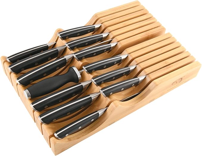 In-Drawer Knife Block with 14 Pieces Japanese Damascus Knives and Sharpener, Bamboo Knife Drawer Organizer with 67-Layer Damascus Steel, Slots for 13 Knives Kitchen Drawer, Counter Top