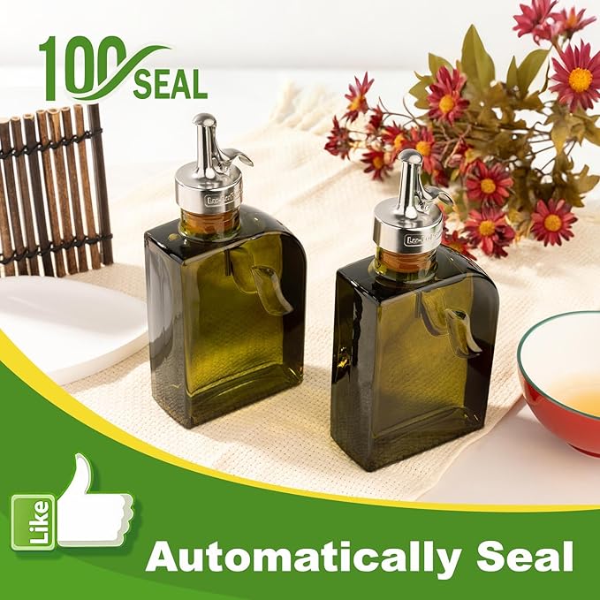 Olive Green 12oz Glass Olive Oil Bottle Dispenser - 350ml Oil and Vinegar with Pourers and Funnel - Oil Dispenser Bottle for Kitchen