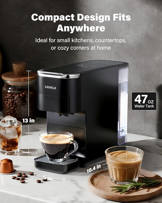 KIDISLE 20 Bar Espresso Machine, Compatible with Nespresso Original & Dolce Gusto Capsules, Ground Coffee & ESE Pods, 47.3oz Tank, One-Touch Boil, Smart Controls, Drip Tray & Storage