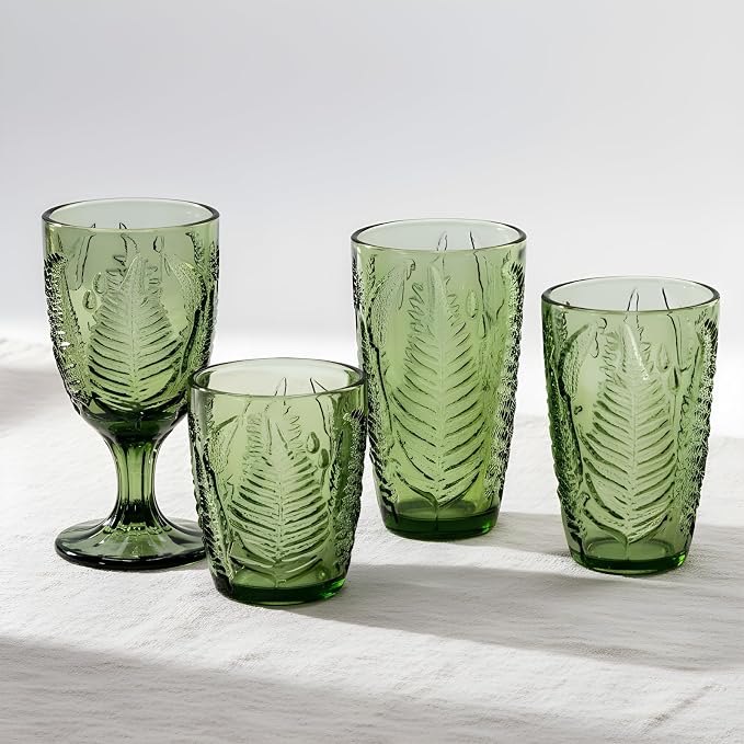 Green Drinking Glasses Set of 8, 16 oz Vintage Hand-Pressed Glass Cups, Fern Textured Highball Tumblers, Antique Style Boho Glassware for Water, Juice, Cocktails & Mocktails, Housewarming Gift Set