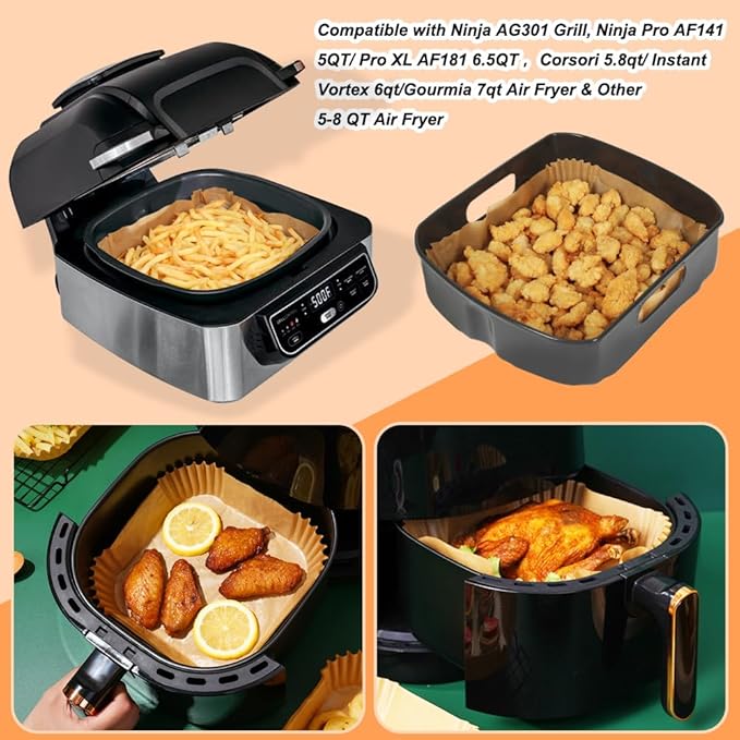 100PCS 9in Square Air Fryer Liners & Square Air Fryer Rack, Air Fryer Parchment Paper for Ninja AG301 Grill, Ninja AF141 Pro 4-in-1 & More, Ninja Foodi Grill Accessories