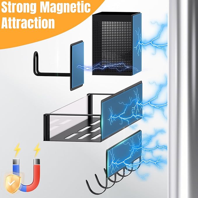 DTUQYX Magnetic Spice Rack for Refrigerator, 8 Pack Clear Plastic Front Metal Magnetic Shelves with Magnet Hooks Rack, Utensil Caddy & Adjustable Paper Towel Holder, No Drill Kitchen Storage Organizer