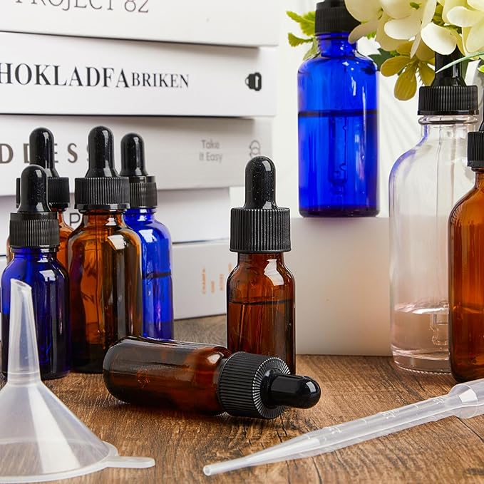Lallisa 100 Pack Essential Oil Dropper Bottle 15 ml (1/2 oz) Glass Dropper Bottles DIY for DIY Essential Oil Perfume with 5 Funnels 5 Pipettes 3ml 100 Labels for Bathrooms, Hotels, Labs (Amber)