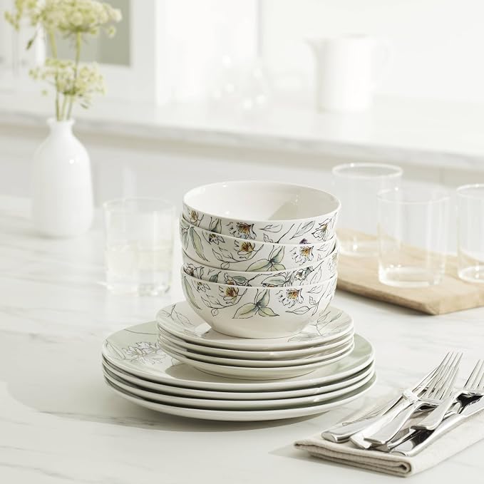 Oneida Dinnerware Set, Botanica 12-Piece Dinnerware Set, Service For 4, Porcelain Material, Dishwasher And Microwave Safe, Bowls, Plates And Bowls, Dinner Dishes, Plates, Home (Green, 12 Piece)