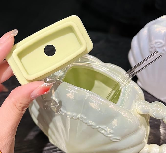 Pearl Shell Ceramic Coffee Mug with Coaster Set for Tea Latte Milk Cute Cup with Saucer for Home Office Women Gift 6.5 oz (Shell with Straw Beige, 450 ml)