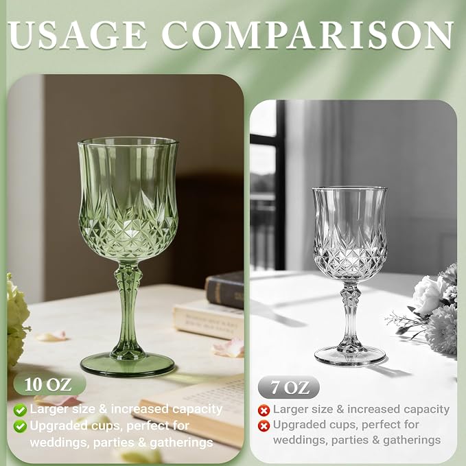 30 Pack Plastic Wine Glasses,10oz Unbreakable Vintage Style Goblets,Reusable Crystal Like Drinking Glass for Wedding Reception, Party Supplies (Sage Green)