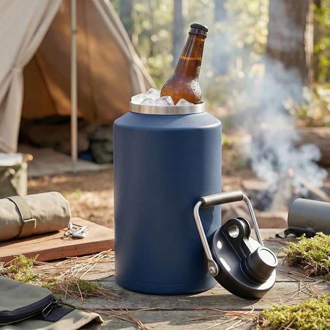 Insulated Gallon Jug with Handle, One Gallon, 128oz Stainless Steel, Large Double Vacuum Water Bottle for Cold Drinks, Wide Mouth, Sweat Proof, Carrier bag, Great for Travel, Camping, Dark Blue