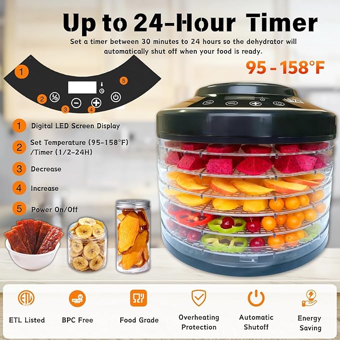 Mushroom Dehydrator,6 Trays Food Dehydrator Machine with 24H Timer, 600W 158°F Food Dryer Dehydrator for Jerky, Herbs, Meat, Fruit,Dog Treats (Black)
