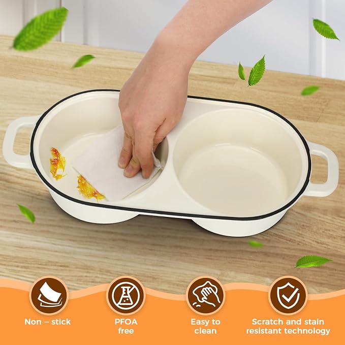 Double Dutch Oven for Sourdough Bread Baking, 2.2QT (White) | Enamelled Cast Iron Bread Pan with Lid, Double Round Loaf Space, 16.5cm Diameter, Mini Double Dutch Oven for Homemade Baking