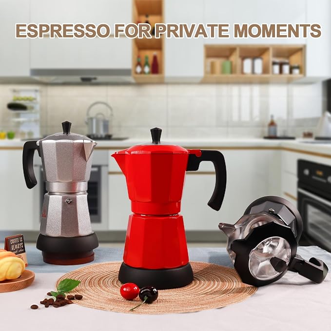 Aluminum Electric Moka Pot 3-6 Cup 270ml Express Coffee Maker Stovetop Espresso Portable Coffeemaker Italian Classic Brewing Greca Cafe Mocha with Removable Base and Overheating Protection Machine