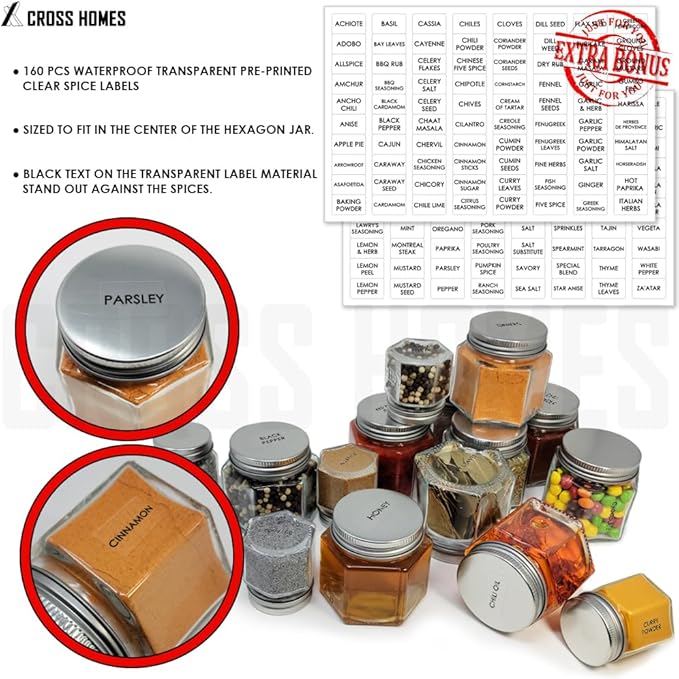 Magnetic Spice Jars Combo Pack 21 Set (6 Large 4 oz + 15 Small 2 oz) Refrigerator Hexagon Glass Spice Jar Magnetic Lid Shaker Spice Labels Magnetic Glass Spice Containers for RV Kitchen Fridge Cabinet