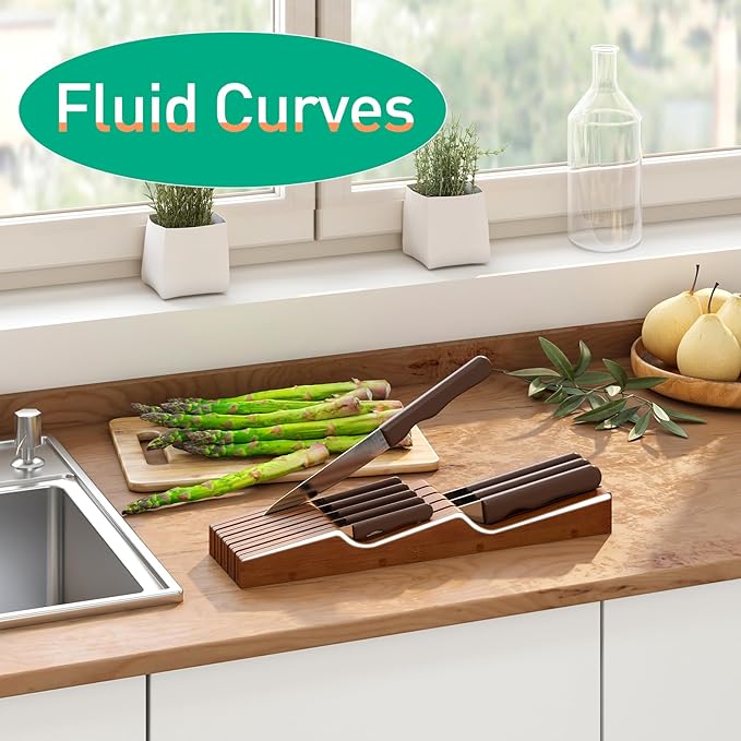 Knife Drawer Organizer, Bamboo Wood Knife Organizer Drawer Insert, Brown Knife Block Fit for 9 Knives