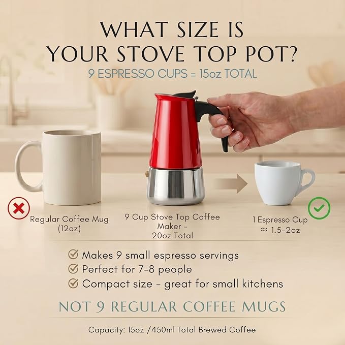 Mixpresso Red 9 Cup Greca Stovetop Espresso Pot 450ml/15oz, Moka Pot with Coffee Percolator Design, Stainless Steel Stove Top Coffee Maker for Camping or Home Use,Italian Stovetop Espresso Maker